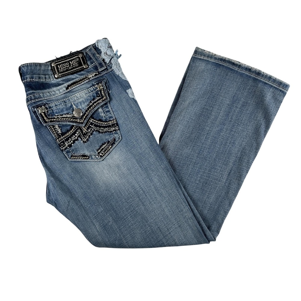 Miss Me Jeans Womens 32 Bootcut Distressed Lace Embellished Pockets Low Rise